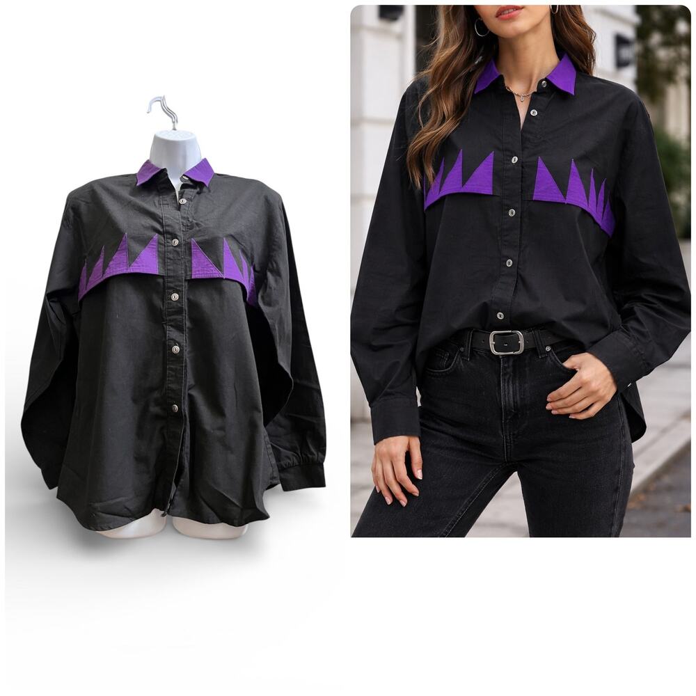 Vintage Roper Women’s Western Black Purple Button Up Shirt Size Large Made USA